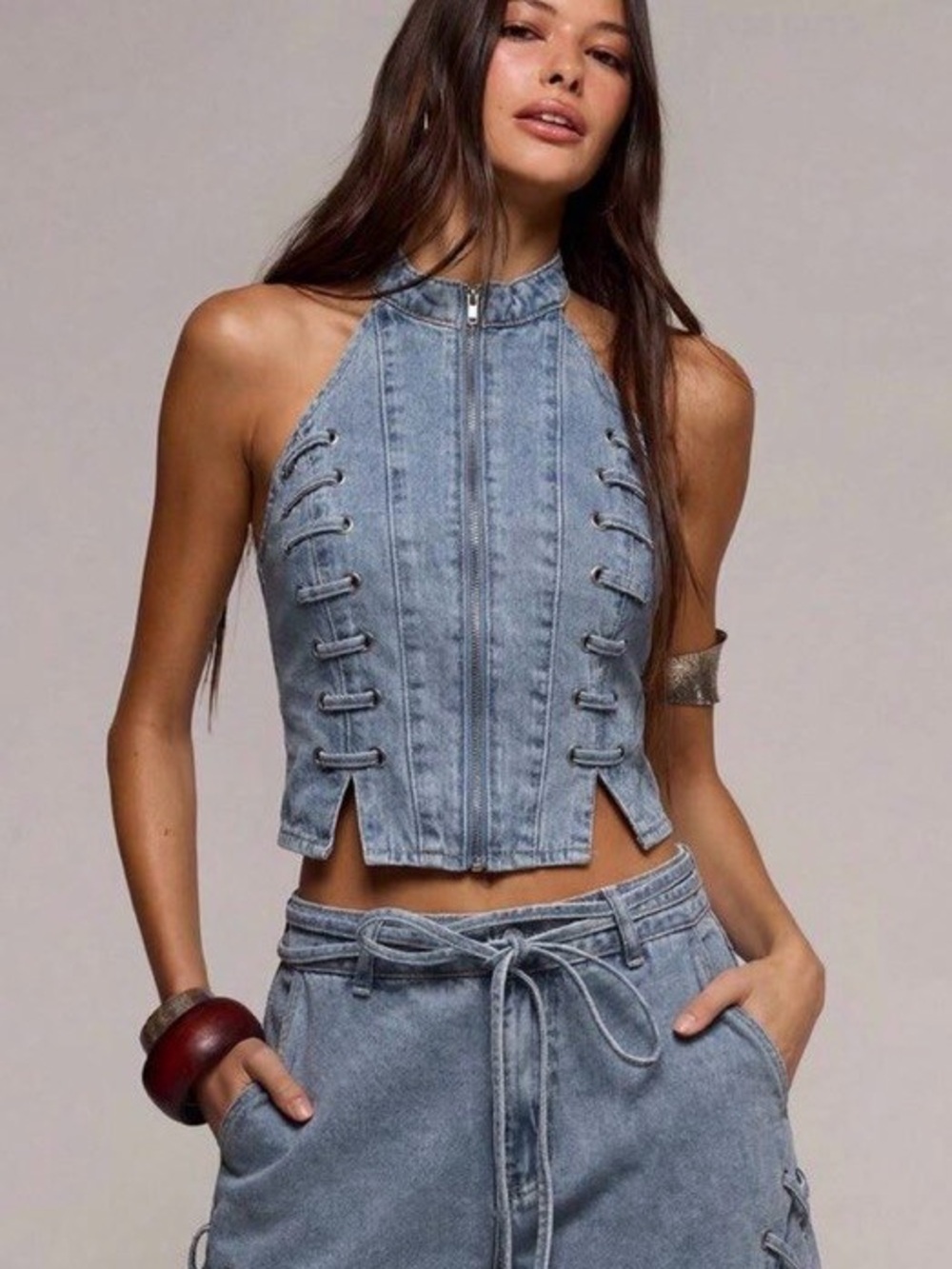 Light Blue Denim Halter Crop Top with Lace-Up Side Details